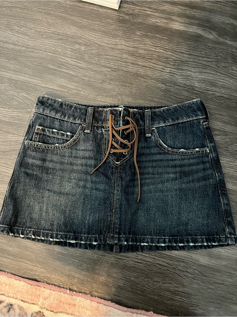 Hollister Dark Blue Denim Mini Skirt with Brown Lace-Up